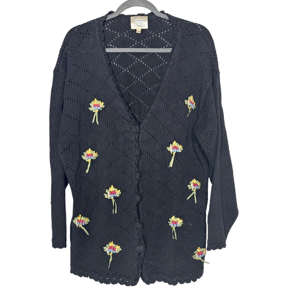 Vintage 90s Susan Bristol Hand Embroidery Floral Sweater Cardigan Cottage Granny